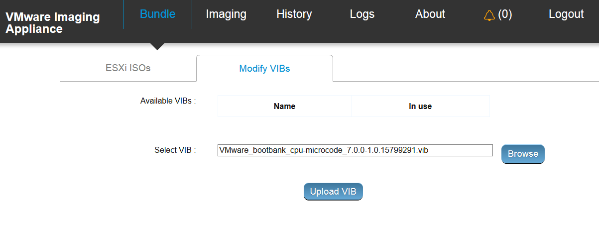 VMware Imaging Appliance ツールの バンドル タブの VIB の変更 画面の [VIB の選択] フィールドで 参照 をクリックし、VIB ファイルを見つけて選択します。