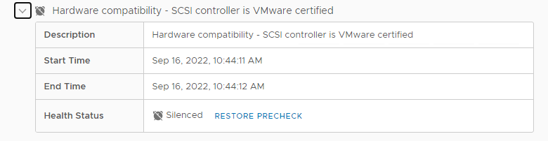 vSAN Skyline Health で停止されたアラートの例。