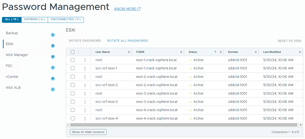 ESXi アカウントのパスワード管理オプション。