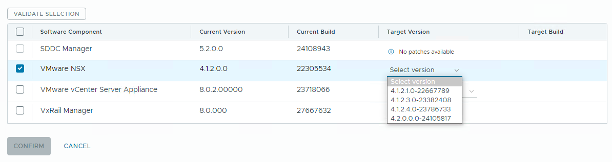 各 VCF BOM コンポーネントの特定のターゲット バージョンを選択するためのドロップダウン メニューを示すイメージ。