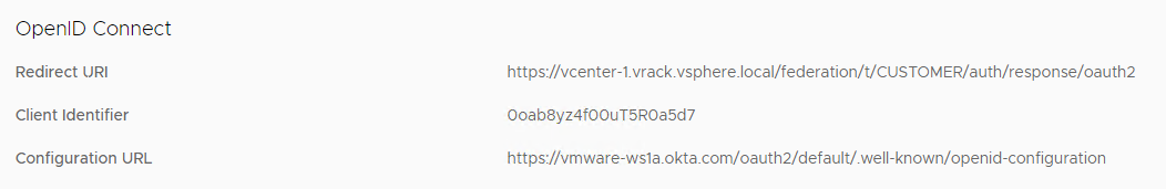 リダイレクト URI が表示されている Okta の ID プロバイダの [OpenID Connect] セクション。