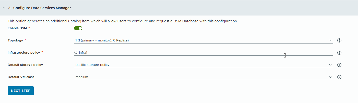 カタログ セットアップ ウィザードの手順 2 では、VMware Data Services Manager 統合を構成します。