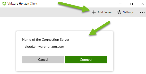 [サーバの追加] ボタンと [Connection Server の名前] ウィンドウのフィールドを緑色の矢印で指しているスクリーンショット。