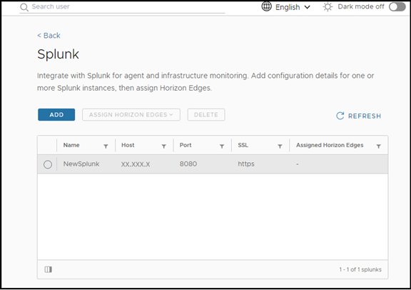 単一の Splunk 構成がリストされた [Splunk] ページのスクリーンショット