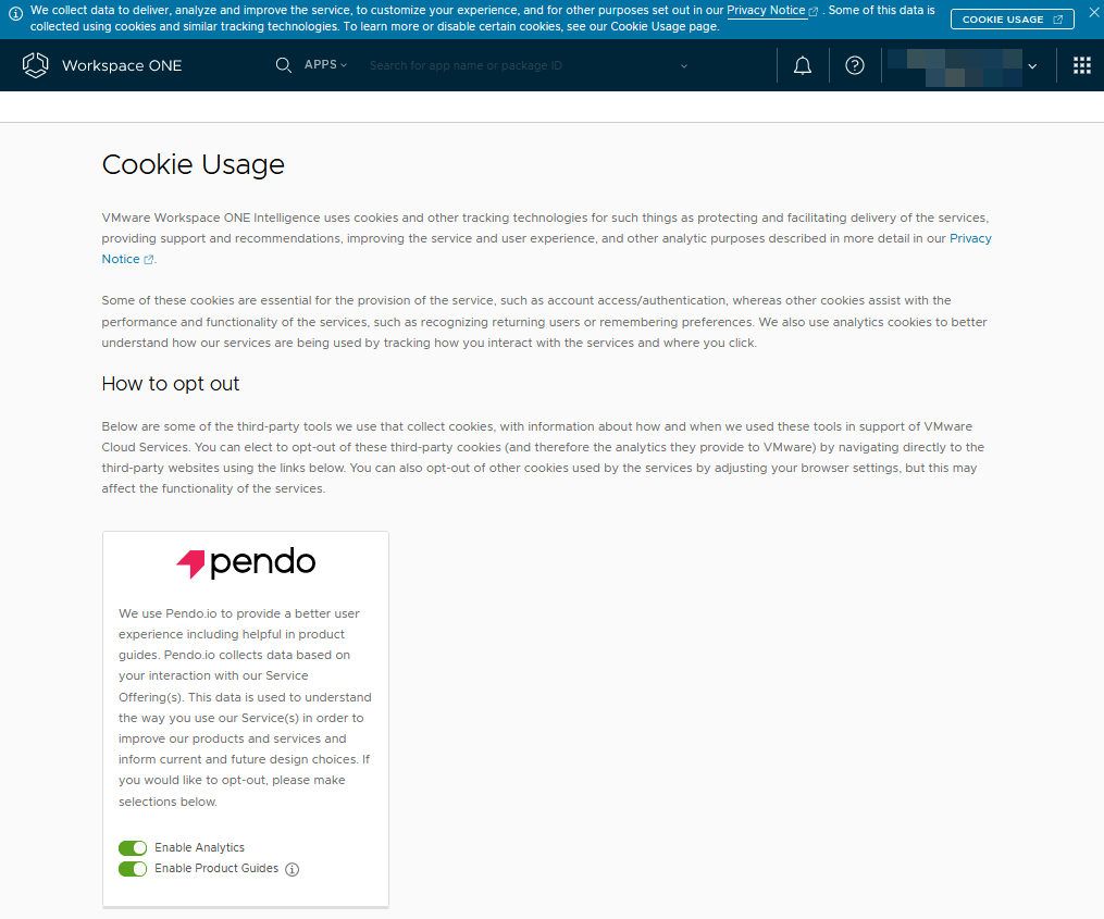 [Cookie の使用方法] ページを表示している Worksapce ONE Cloud Admin Hub コンソール。Cookie の使用に関する情報を知らせるバナーを含んでいます。このページには、Cookie の使用に関するテキストと、オンとオフを切り替えられる各種ボタン、[分析を有効にする] ボタン、[製品ガイドを有効にする] ボタンが表示されます。