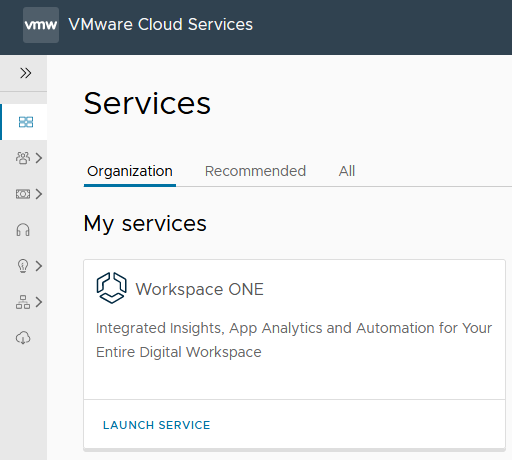 VMware Cloud Services ポータルの [マイ サービス] の [Workspace ONE] サービス カードを表示するスクリーンショット。