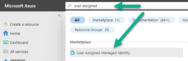 ユーザーが割り当てた管理対象 ID を Azure ポータルで検索するスクリーン ショット。