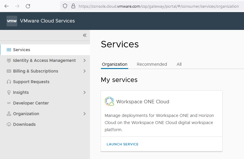 console.cloud.vmware.com のサービス ユーザー インターフェイスでの Workspace ONE クラウド カードのスクリーンショット