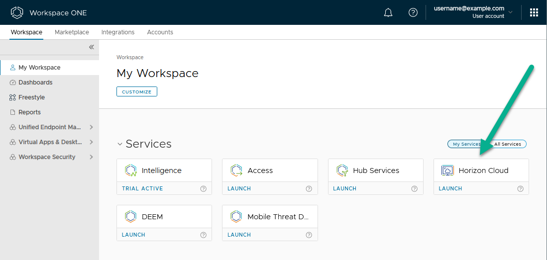 Horizon Cloud Service カードを表示する Workspace ONE Admin Hub のスクリーンショット。