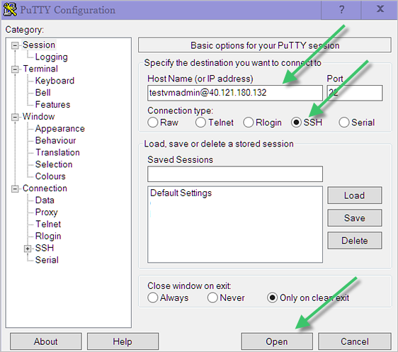 値が入力された、[PuTTY 構成] ウィンドウを示すスクリーンショット。緑色の矢印は、[ホスト名] フィールド、[SSH] ボタン、および [開く] ボタンを指しています。