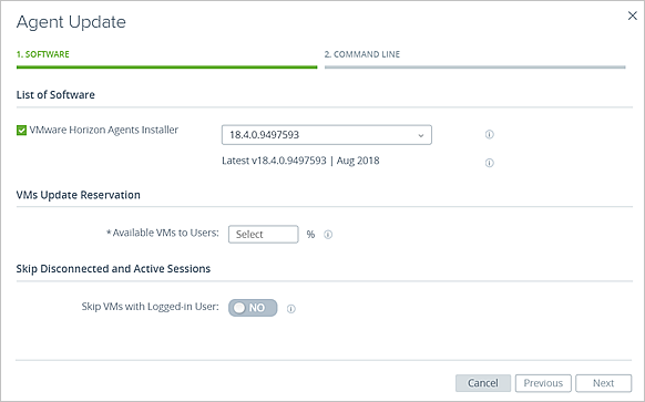 専用 VDI デスクトップ割り当てでエージェントの更新を行うための [エージェントのアップデート] ウィザードのスクリーンショット。