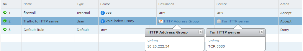 ルールの送信元は、NSX Edge の vNIC インターフェイスです。ルールの宛先は HTTP サーバ グループです。サービスは TCP ポート 8080 です。