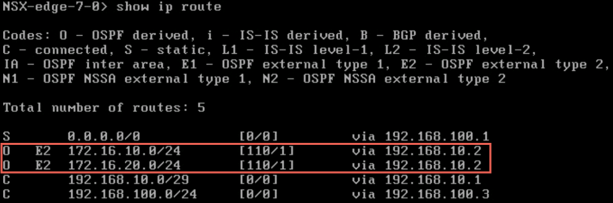 show ip route コマンドの出力には、ESG が分散論理ルーターから 2 つの OSPF 外部ルートを学習したことが表示されます。