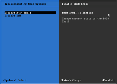 vCenter Server Appliance コンソールの [トラブルシューティング モード オプション] 画面に、Bash シェルが有効であることが表示されます。