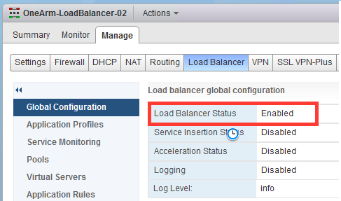 [グローバル構成] ペインに、ロード バランサのステータスが [有効] と表示されます。