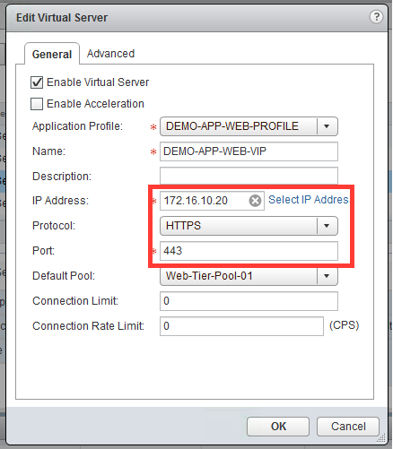 仮想サーバの IP アドレスは 172.16.10.20 です。プロトコルは HTTPS です。ポートは 443 です。