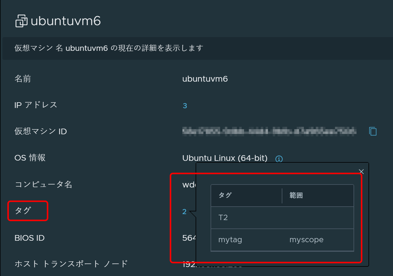 タグ割り当ての詳細を表示する [仮想マシン情報] ダイアログ ボックス。