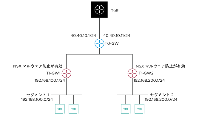 単一の Tier-0 ゲートウェイに接続された 2 つの Tier-1 ゲートウェイのあるネットワーク トポロジー。