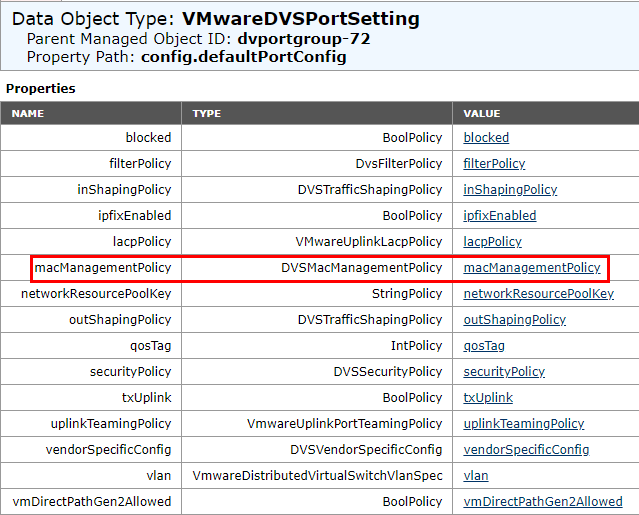 VMwareDVSPortSetting オブジェクト タイプのプロパティ