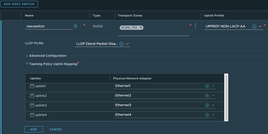 LACP を使用しない NSX で構成されたチーミング ポリシーを使用したアップリンクのマッピング。