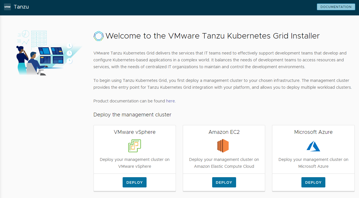 vSphere に展開するボタンが表示された、Tanzu Kubernetes Grid インストーラ インターフェイスのようこそページ