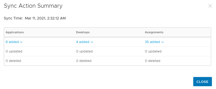 [同期アクションのサマリ] ダイアログ ボックスに、[アプリケーション]、[デスクトップ]、および [割り当て] の列を含むテーブルが表示されます。[アプリケーション] 列には 8 が追加済み、[デスクトップ] 列には 4 が追加済み、[割り当て] 列には 35 が追加済みと表示されます。