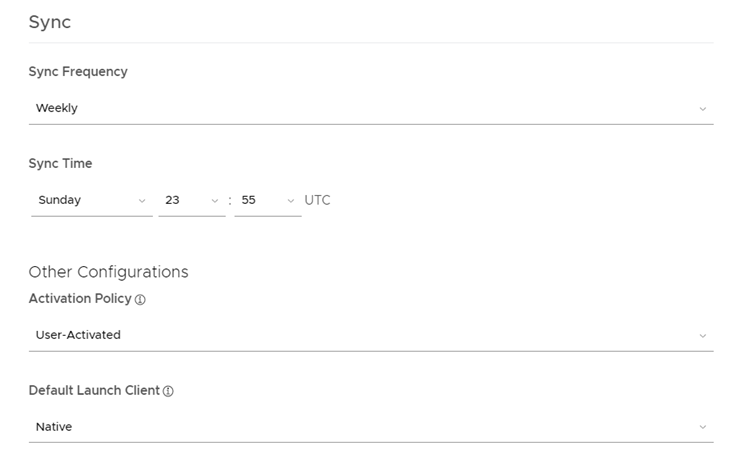 [同期の頻度] は [毎週]、[同期時間] は [日曜日 23 時 55 分]、[アクティベーション ポリシー] は、[ユーザーによるアクティベーション]、[デフォルトの起動クライアント] は [ネイティブ] です。