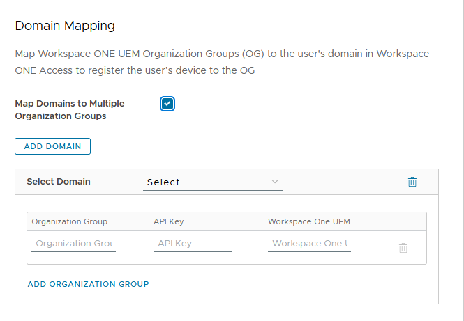 Workspace ONE Access コンソールでの Workspace ONE UEM 組織グループのドメイン マッピングの構成