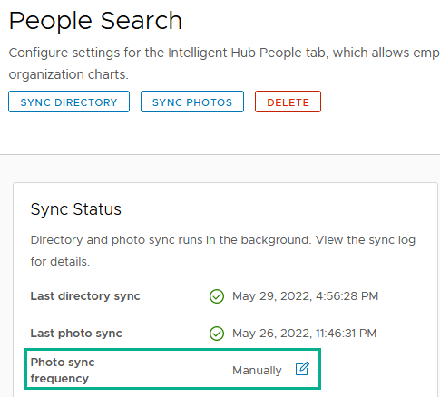 写真同期の頻度が強調表示された People Search 同期ステータス カード