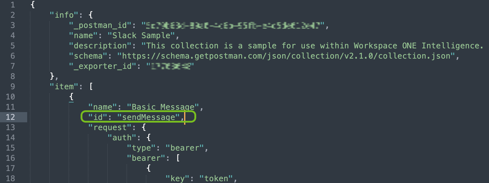 この JSON ファイルには、一意の ID を持つ新しい行が追加され、アクション名の直後に ID が追加されます。