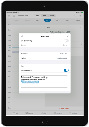 iPad の Workspace ONE Boxer 画面のスクリーンショット。スクリーンショットは、新しいカレンダー イベントを作成する時の、[新しいイベント] 画面の [チーム会議] 切り替えボタンを表示しています。
