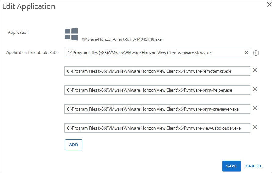 キオスク プロファイルのために VMware Horizon クライアントが必要とする追加の [アプリケーションの実行可能ファイルのパス] を表示している画像。