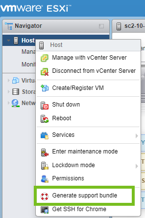 VMware Host Client インベントリでのサポート バンドルの生成