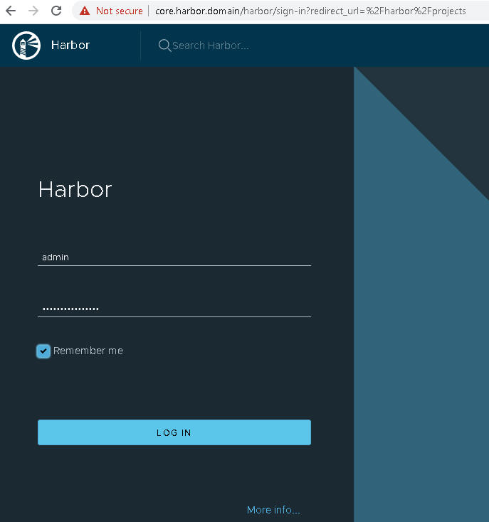 Harbor のログイン画面。ユーザー名 admin と生成されたパスワードが入力されています。