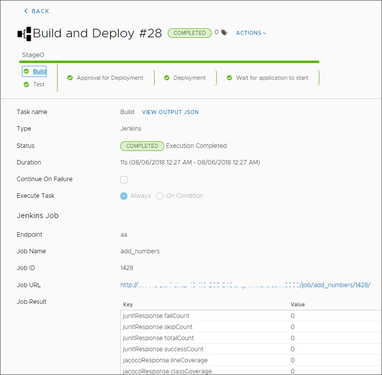 Jenkins 작업에 대한 파이프라인 실행은 작업 ID, 작업 URL, 작업 결과의 키 및 값을 포함한 Jenkins 작업 세부 정보를 표시합니다.