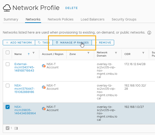네트워크 탭이 선택된 네트워크 프로파일. 네트워크가 선택되고 [IP 범위 관리] 버튼이 강조 표시됩니다.