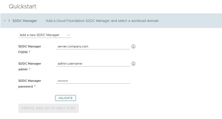 SDDC Manager IP 주소 및 자격 증명을 구성합니다.