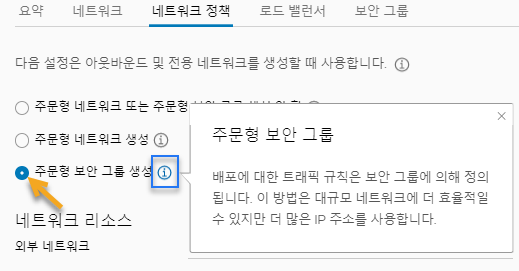 [주문형 보안 그룹 생성] 옵션이 선택된 것을 보여주는 네트워크 프로파일 UI입니다.