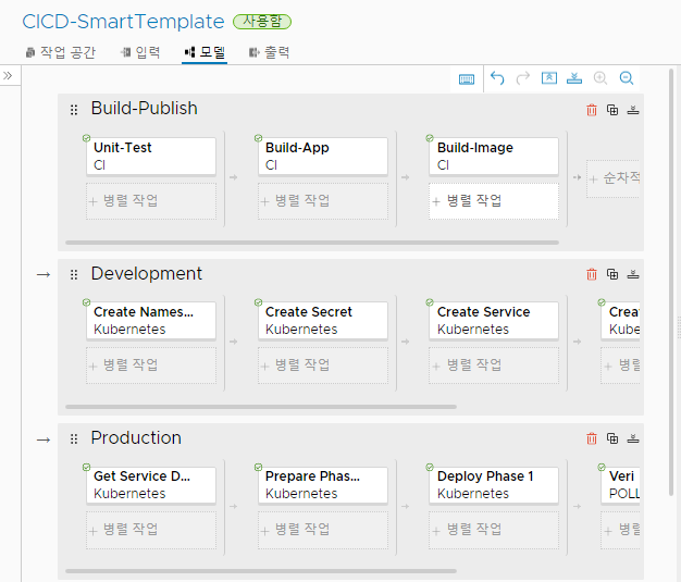 CICD 스마트 파이프라인 템플릿은 애플리케이션을 구축 및 게시하고 개발 및 운영 환경에 전달하는 단계로 파이프라인을 생성합니다.