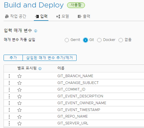 Git에 대한 트리거를 사용하도록 파이프라인을 구성할 때 입력 탭에서 입력 매개 변수를 구성합니다.