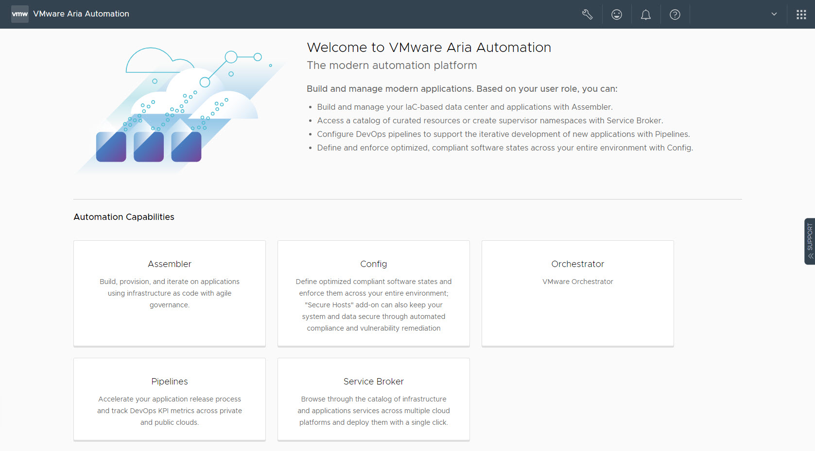 VMware Aria Automation 랜딩 페이지에서 사용 권한이 있는 서비스를 시작합니다.