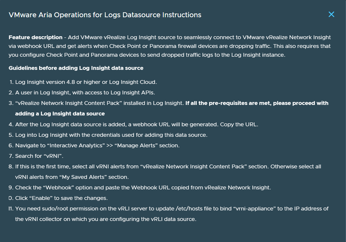 VMware Aria Operations for Logs 데이터 소스를 추가하기 위한 사전 요구 사항을 표시하는 VMware Aria Operations for Networks의 팝업 창입니다.