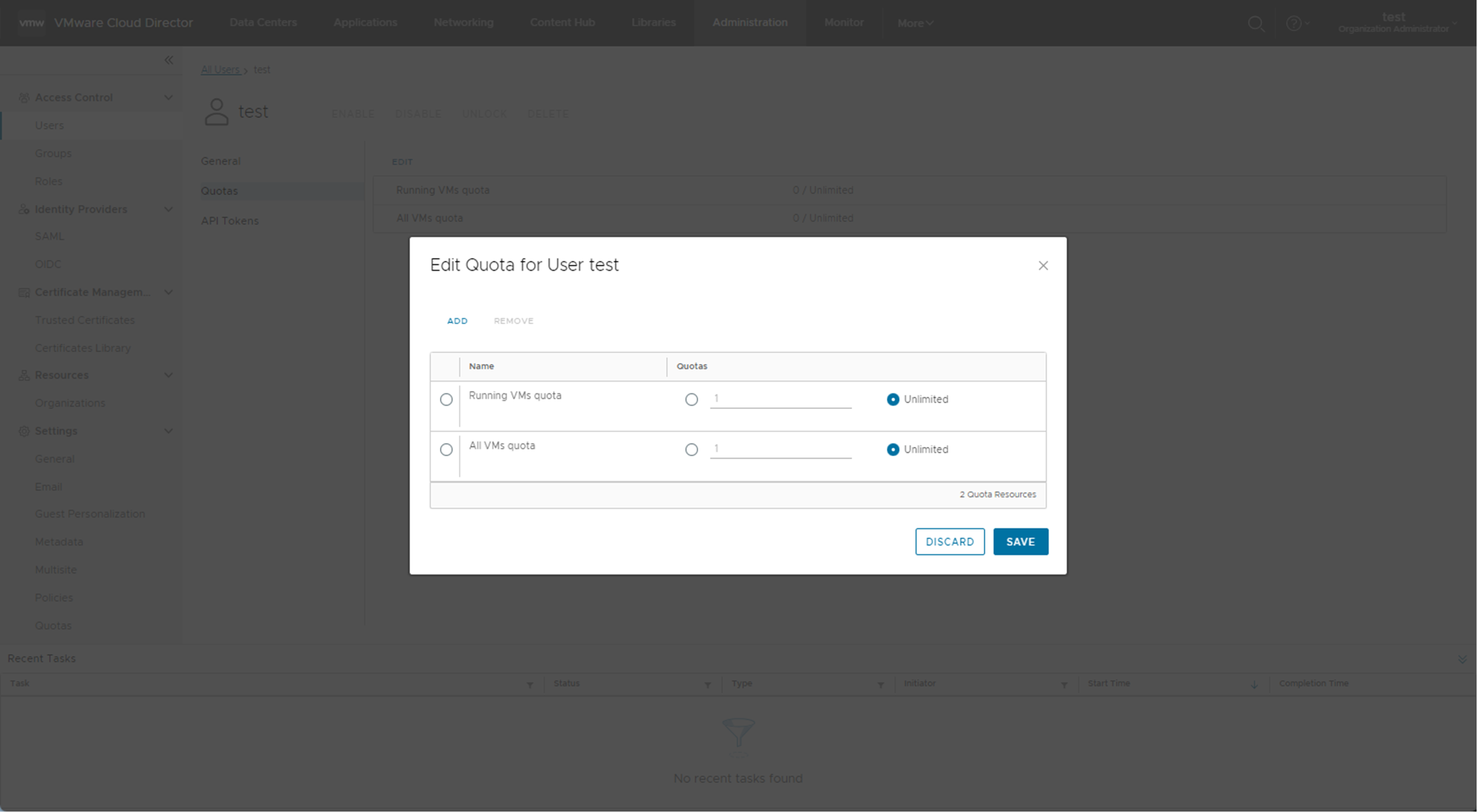 특정 VMware Cloud Director 사용자에 대한 리소스 할당량을 추가하거나 편집할 수 있습니다.