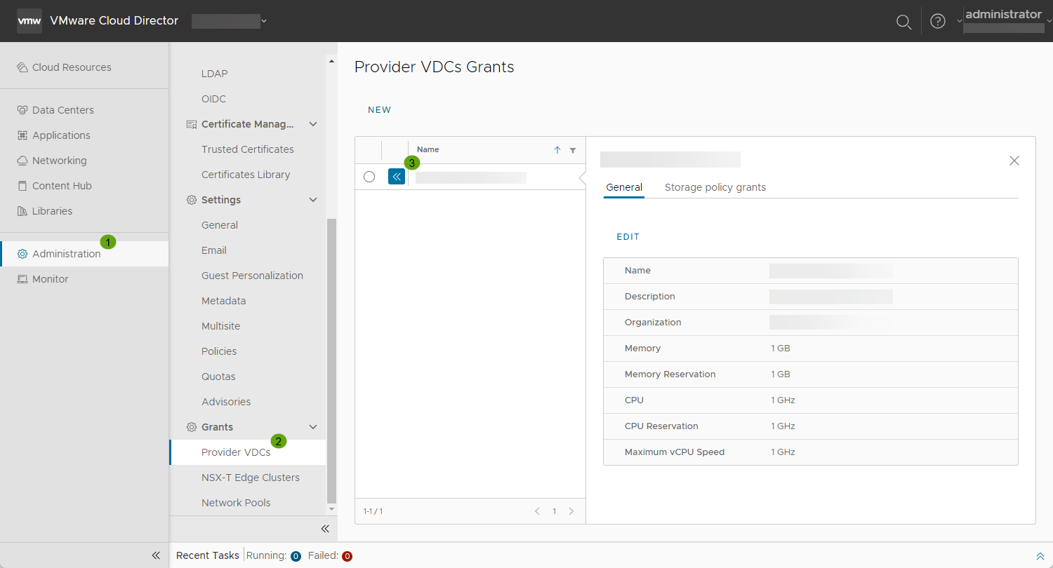 VMware Cloud Director Tenant Portal을 사용하여 특정 하위 제공자 조직에 대한 모든 제공자 VDC 부여를 볼 수 있습니다.