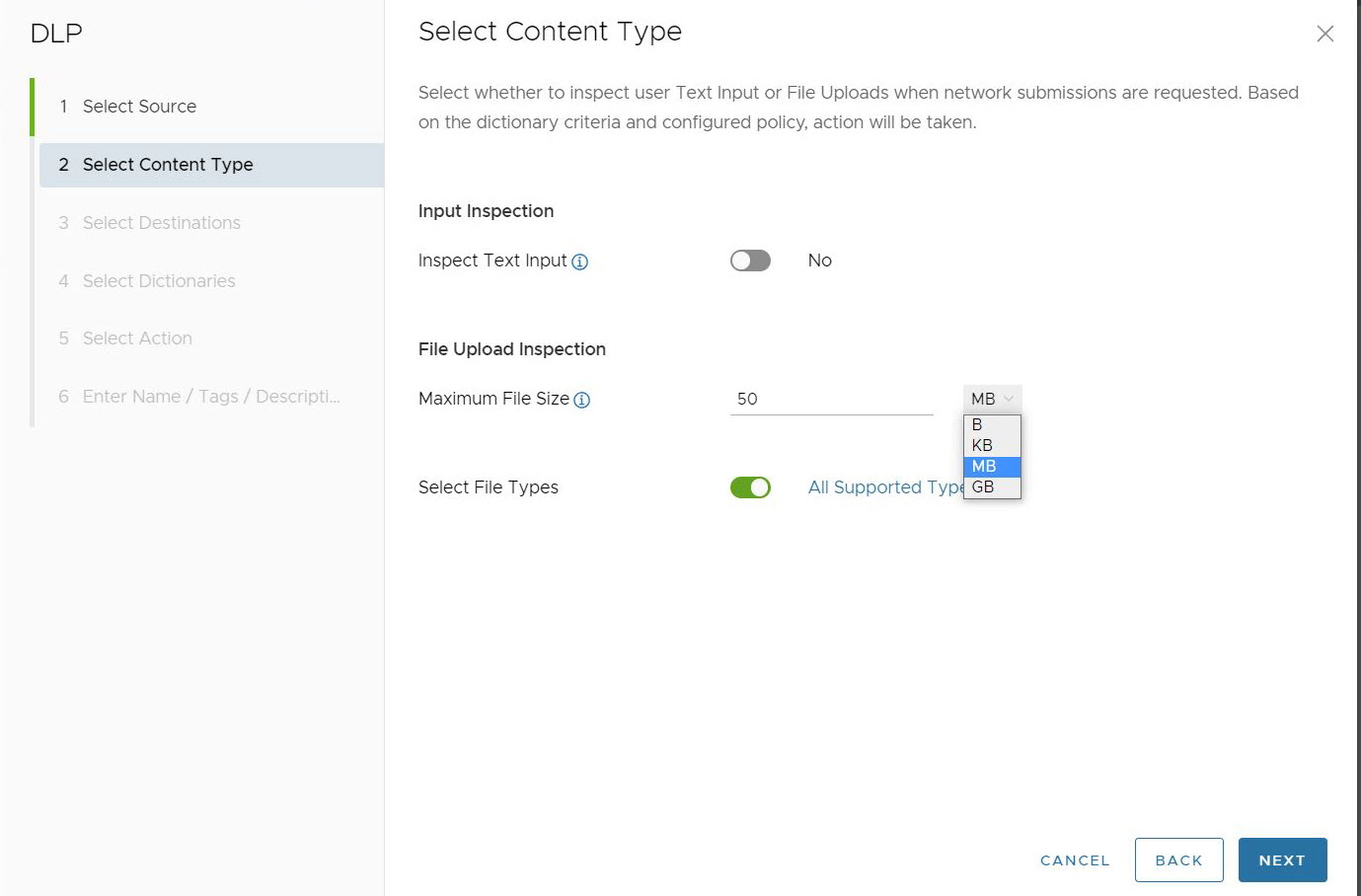 텍스트 입력 검사(Inspect Text Input), 최대 파일 크기(Maximum File Size) 및 파일 유형 선택(Select File Types) 포함 파일 업로드 검사(File Upload Inspection)를 표시하는 컨텐츠 유형 선택(Select Content Type) 기본 화면.