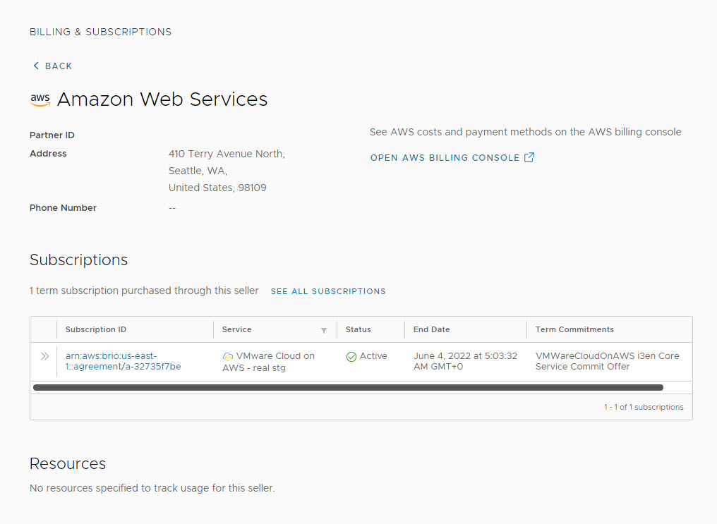 Cloud Services 콘솔에 AWS 판매자에 대한 정보가 표시된 판매자 세부 정보 페이지의 예입니다.