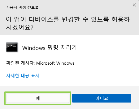 Windows 명령 프로세서가 계속되도록 허용하려면 [예]를 선택합니다.