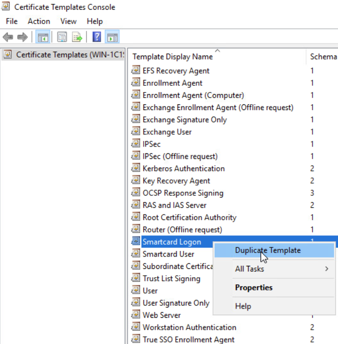 스마트 카드 로그온 템플릿 및 [템플릿 복제] 옵션의 메뉴를 보여 주는 스크린샷