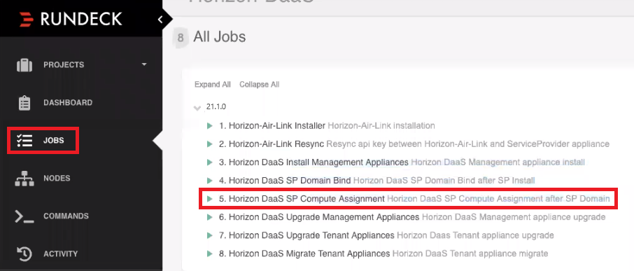Horizon DaaS SP 계산 할당 작업을 표시하는 Rundeck 작업 페이지