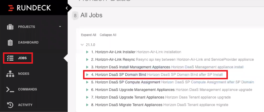 Horizon DaaS SP 도메인 바인딩 작업을 표시하는 Rundeck 작업 페이지